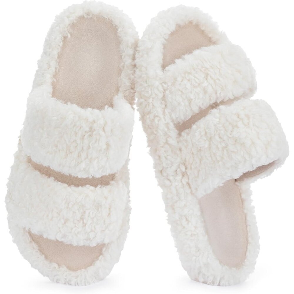Women’s White Pluffie Arch Memory Foam Cozy Faux Fur Open Toe Slippers Shoes